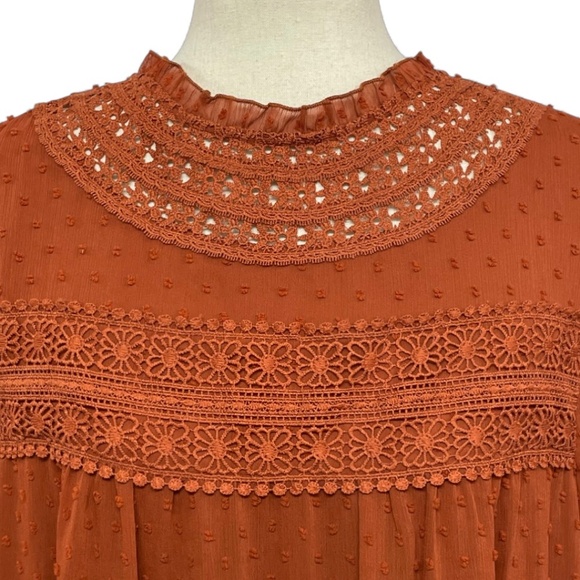 NWT Linda Anderson Crochet Trim Pull Sleeve Swiss Dot Dress Rust Size L - Picture 3 of 11